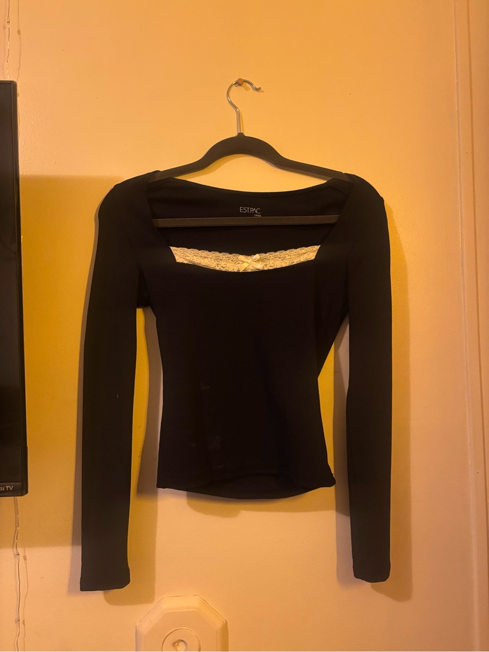 PacSun Black Long-Sleeve Square Neck Top with Cream Lace Inset